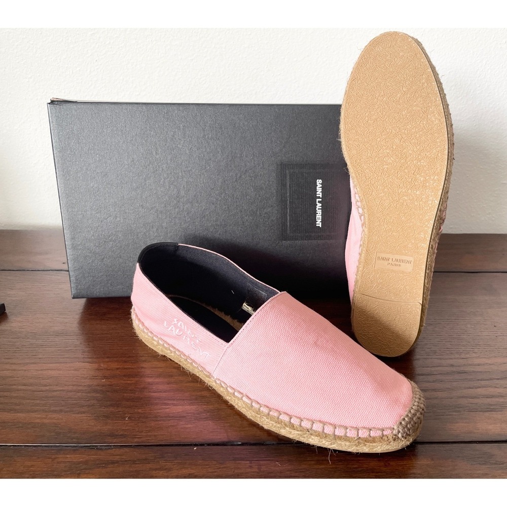 Saint Laurent Women's Pink Canvas Embroidered Flats Loafers Shoes, sz 37.5 - Picture 9 of 10